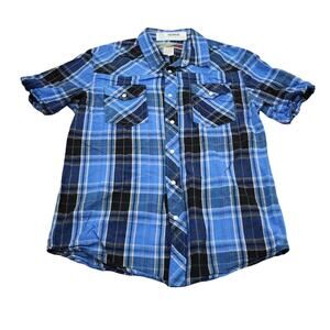 Vintage Red Shirt Men Medium Blue Black Plaid Short Sleeve Pearl Snap Up Casual